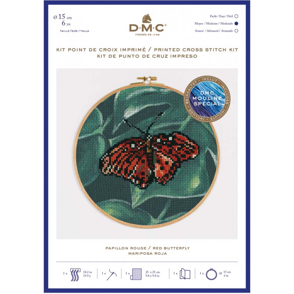 Cross Stitch Kit 25cm x 25cm, Red Butterfly