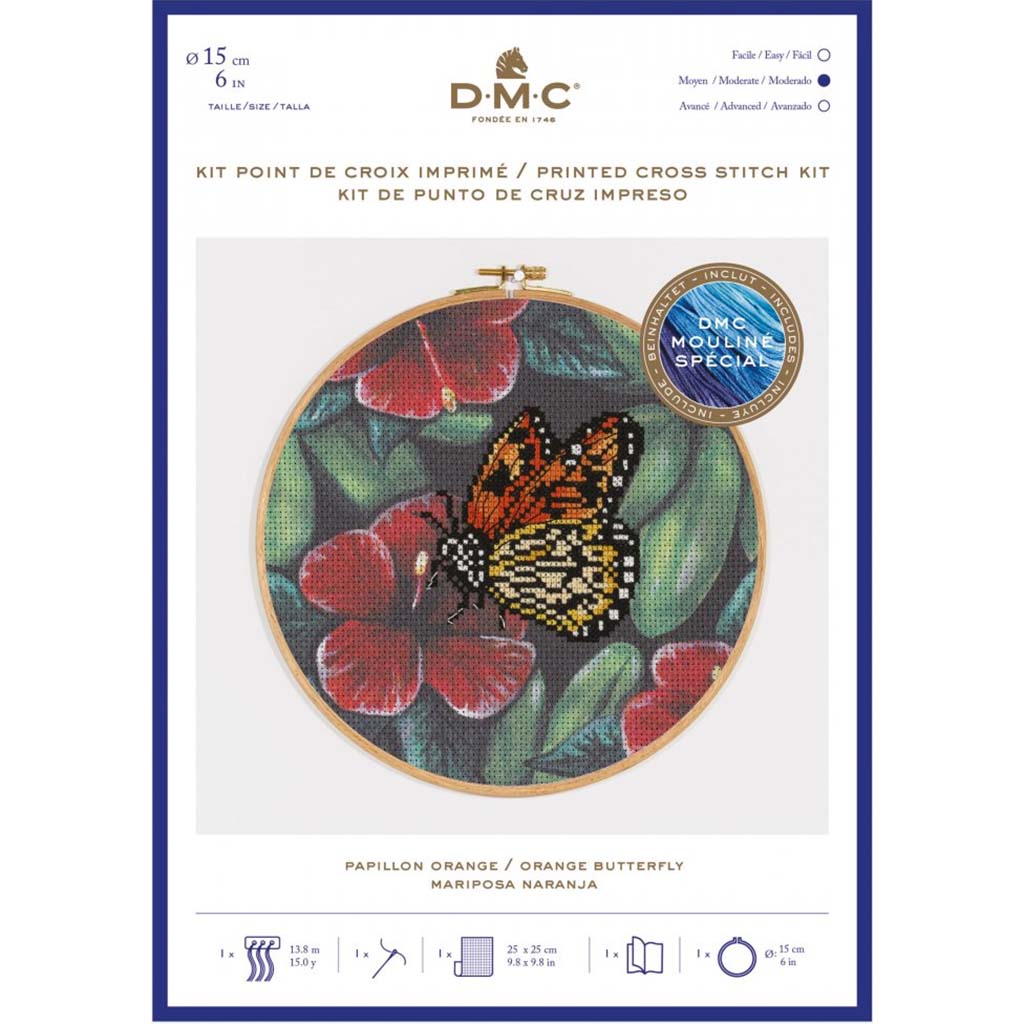 Counted Cross Stitch Kit 15cm x 15cm, Orange Butterfly