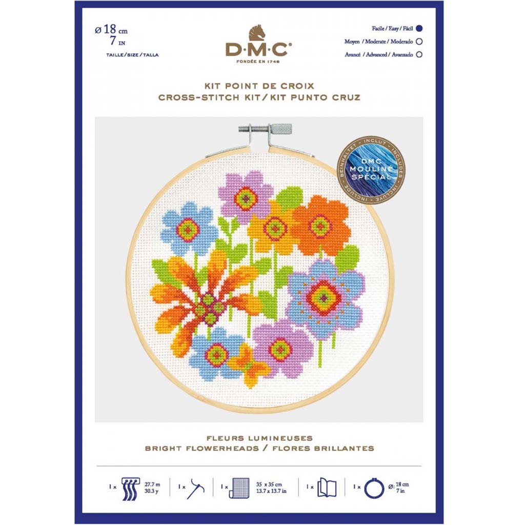 Cross Stitch Kit 18cm, Bright Flowers