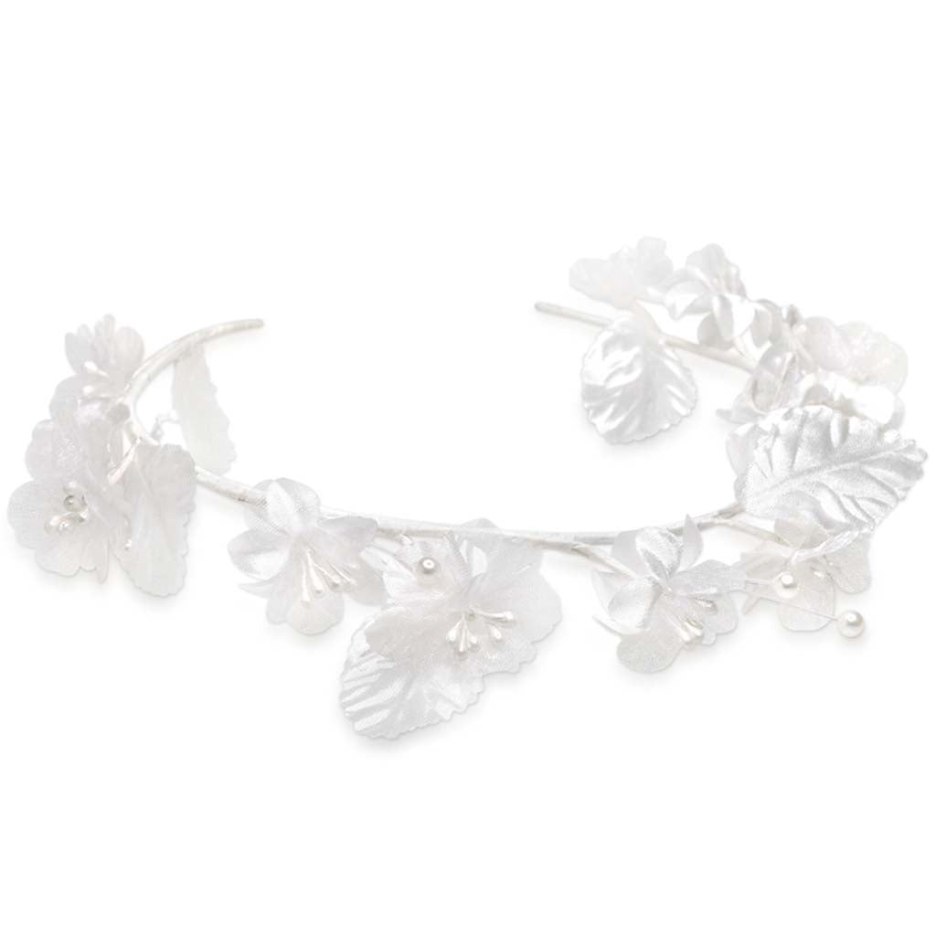 A Brides Wish: 14.57in Floral Head Piece Flowers with Pearls + Organza