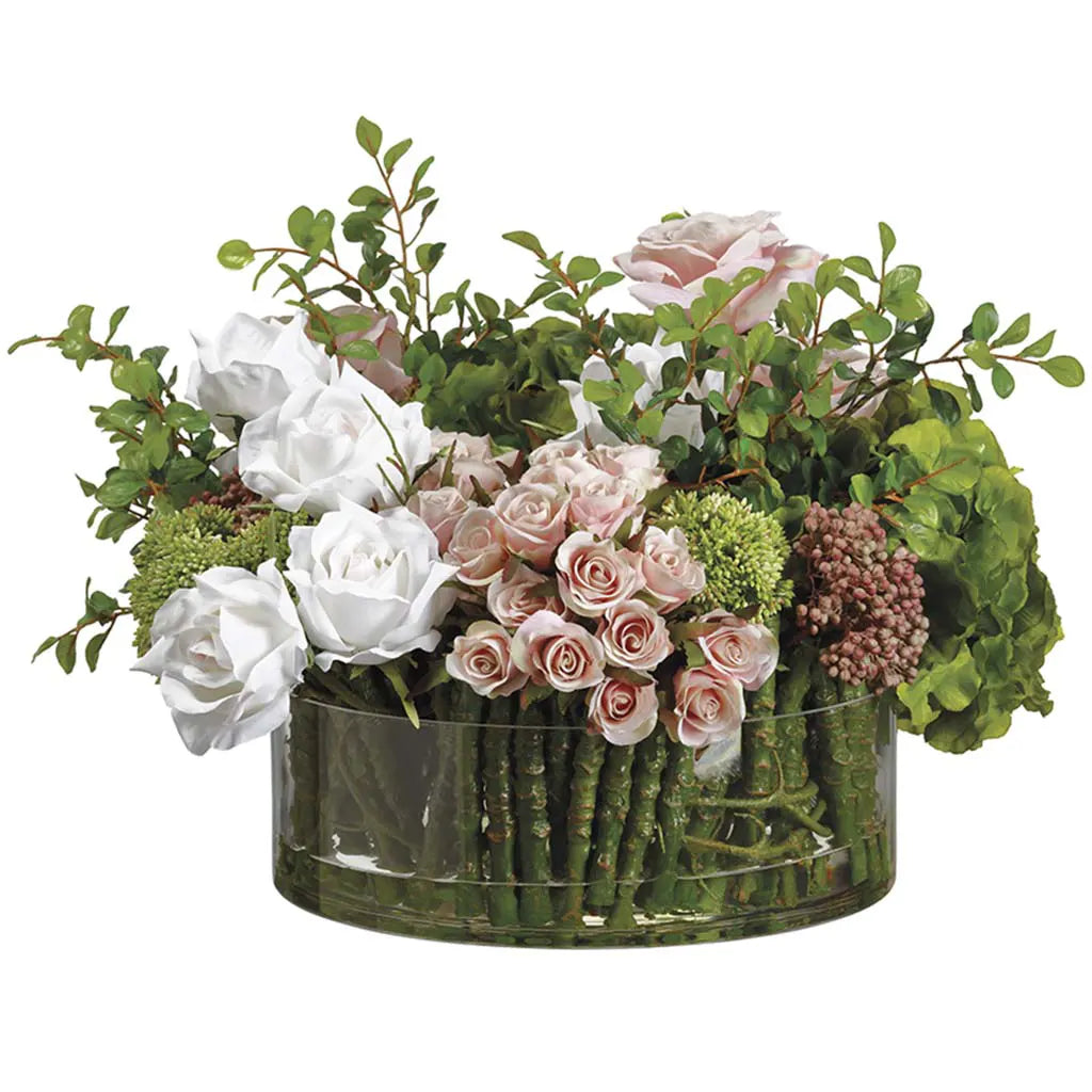 Hydrangea / Rose Mixed in Glass Vase 14in