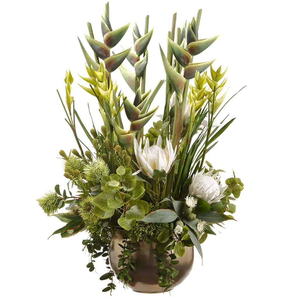 Heliconia and Protea Arrangement in Planter 42in H x 28in W x 30in L, Green