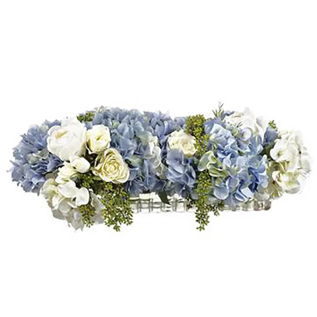Hydrangea Arrangement Ribbed Glass Vase, 9.5in H x 15in W x 25in L, Blue, Cream