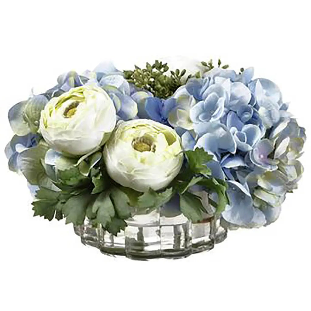 Hydrangea / Ranunculus Arrangement Ribbed Glass Vase, 6.5in H x 10in W x 10in L, Blue, Green
