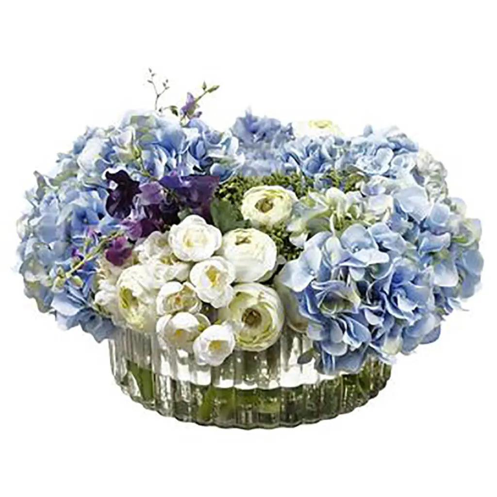 Hydrangea / Ranunculus Arrangement Ribbed Glass Vase, 13in H x 22in W x 22in L, Blue, Cream