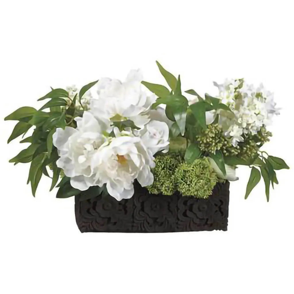 Mix / Lilac / Peony in Carving Pot 12in H x 19in W x 16in L, White, Green