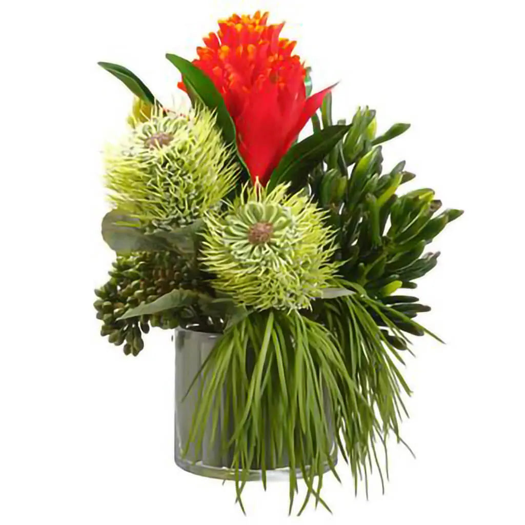 Bromeliad / Succulent / Grass on Glass Vase 12in H x 10in W x 11in L, Red, Green