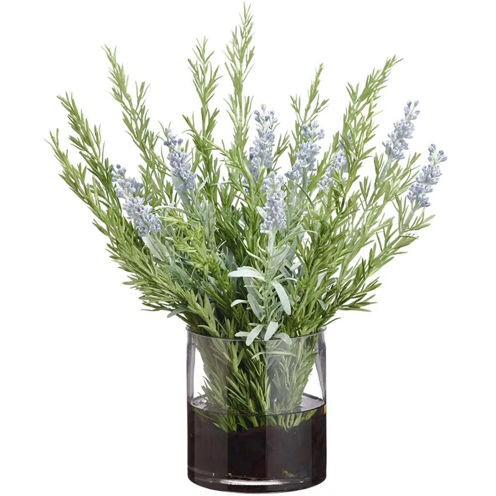 Lavender/Rosemary in Glass Cylinder Vase 14in H x 10in W x 10in L, Lavender, Green