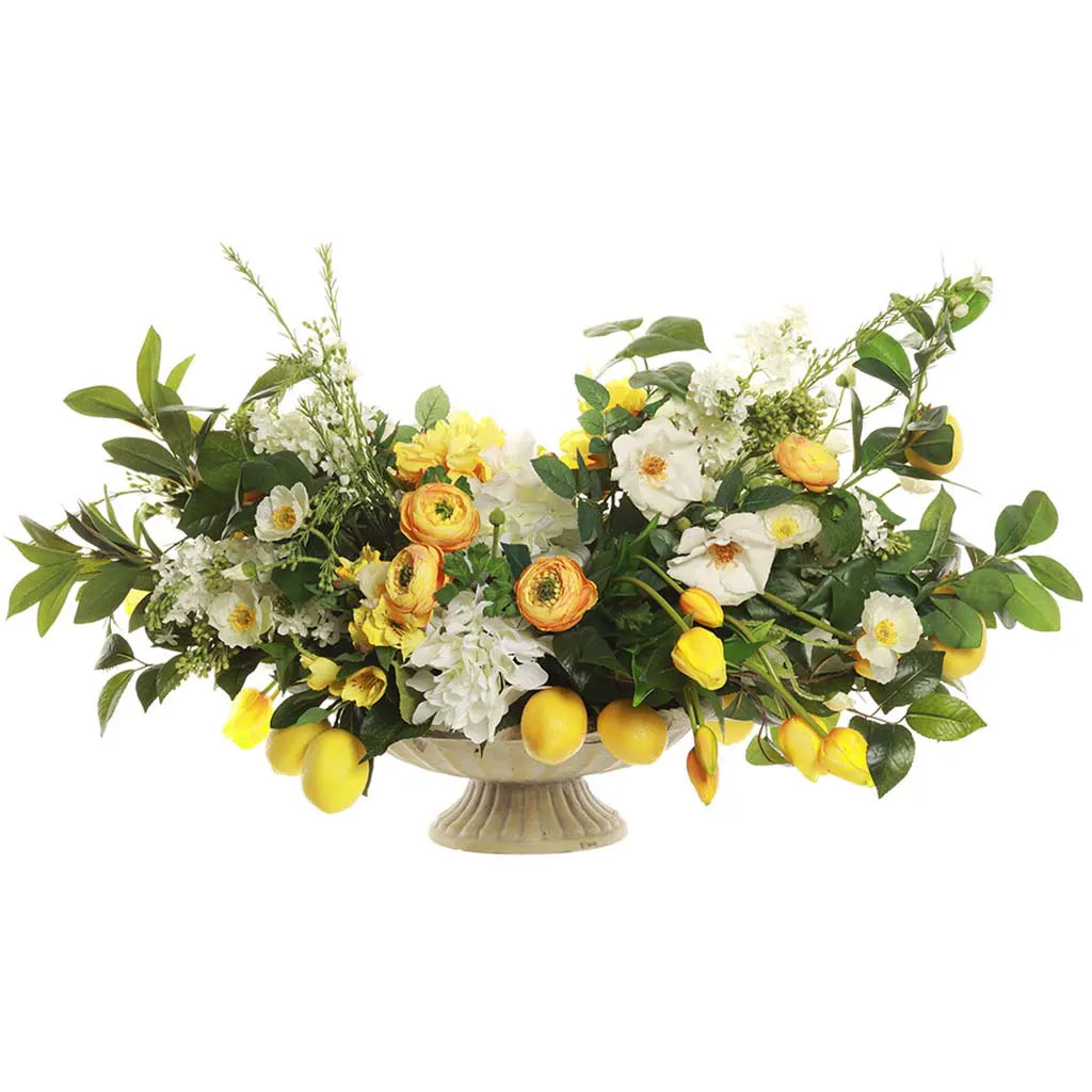 Peony / Rose / Tulip / Ranunculus / Lemons in Cement Plate 23in H x 39in W x 26in L, White, Yellow