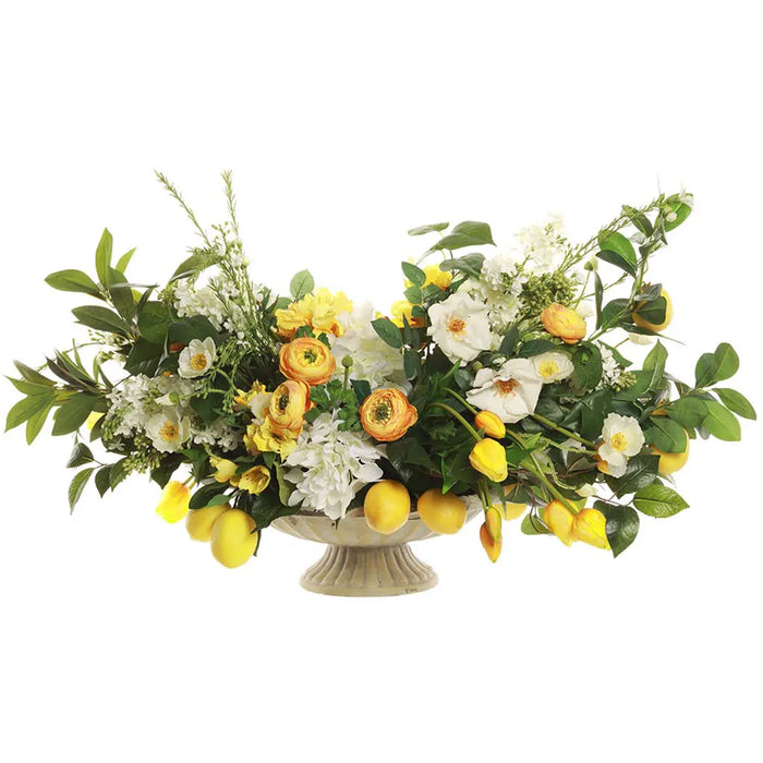 Peony / Rose / Tulip / Ranunculus / Lemons in Cement Plate 23in H x 39in W x 26in L, White, Yellow