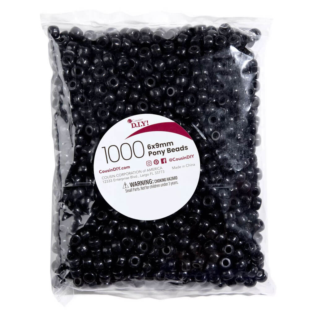 Pony Beads 6mm x 9mm 1,000pc, Opaque Black