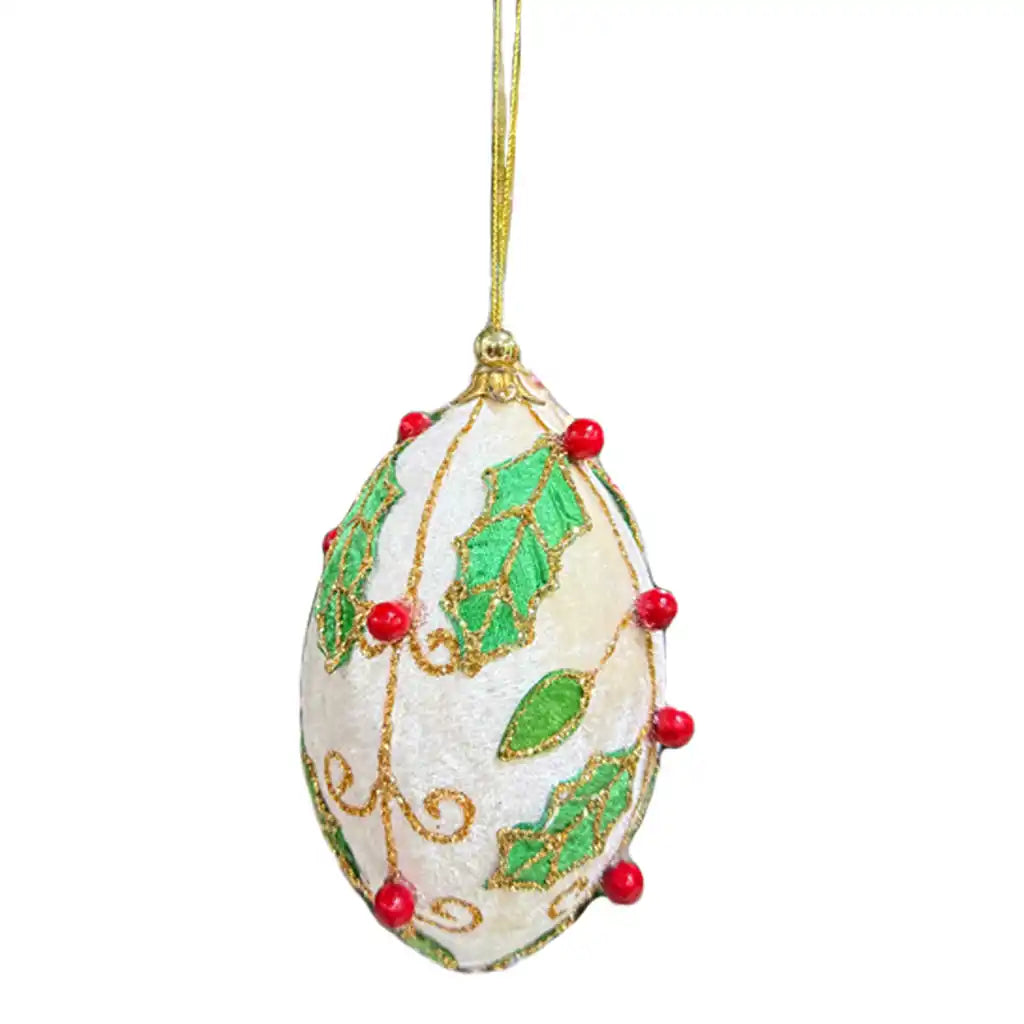 Holly Ornament Velvet Finial White/Green/Red