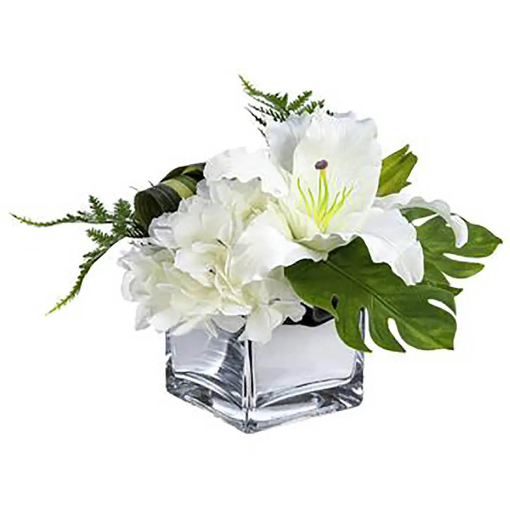 Lily / Hydrangea / Philodendron / Fern Arrangement in Silver Square Glass Vase 9.5in H x 13in W, White