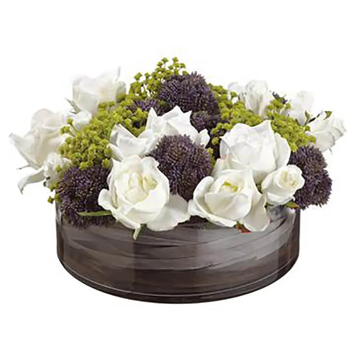 Rose / Queen Anne's Lace / Grass In Glass Container, White, Purple