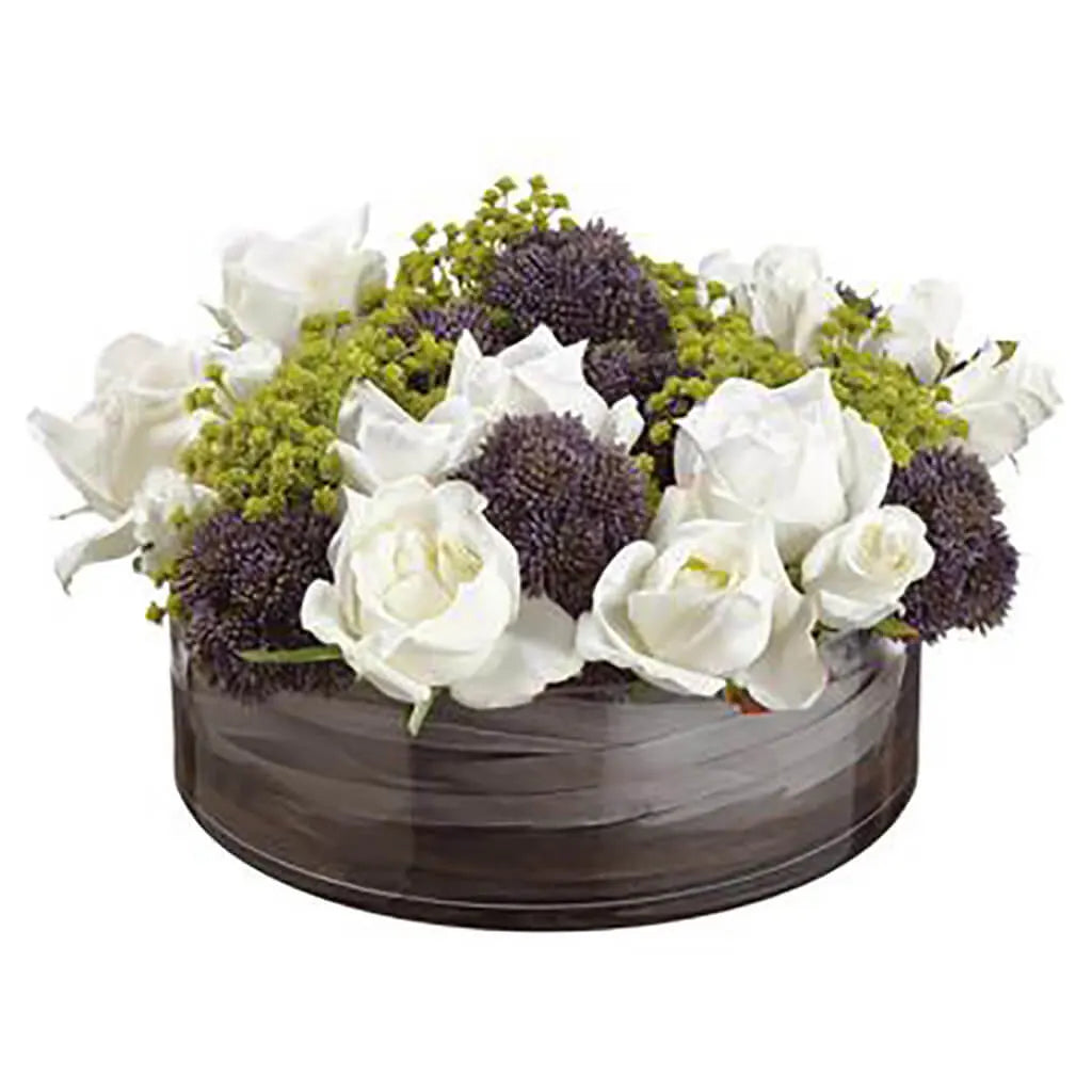 Rose / Queen Anne's Lace / Grass In Glass Container, White, Purple