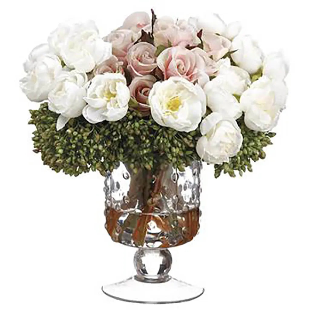 Ranunculus / Rose / Berry in Glass Vase 9in H x 9in W x 9in L, Cream, Pink