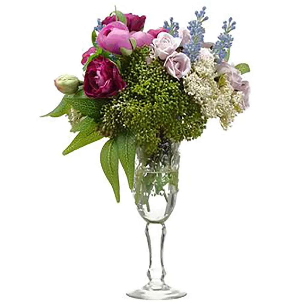 Ranunculus / Rose in Glass Vase 12in H x 8in W x 9.5in L, Purple, Green