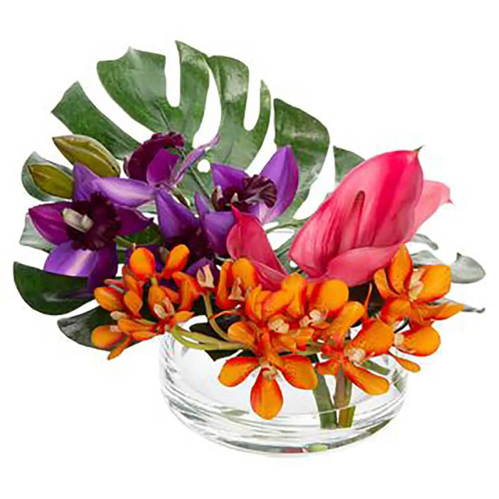 Orchid / Anthurium / Leaf in Glass Vase 8in H x X15in W x X17in L, Beauty Purple