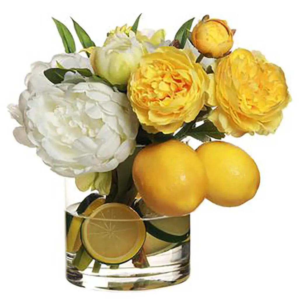 Peony / Ranunculus / Lemon / Lime in Glass Vase 10in H x 19in W x 12in L, Yellow, White
