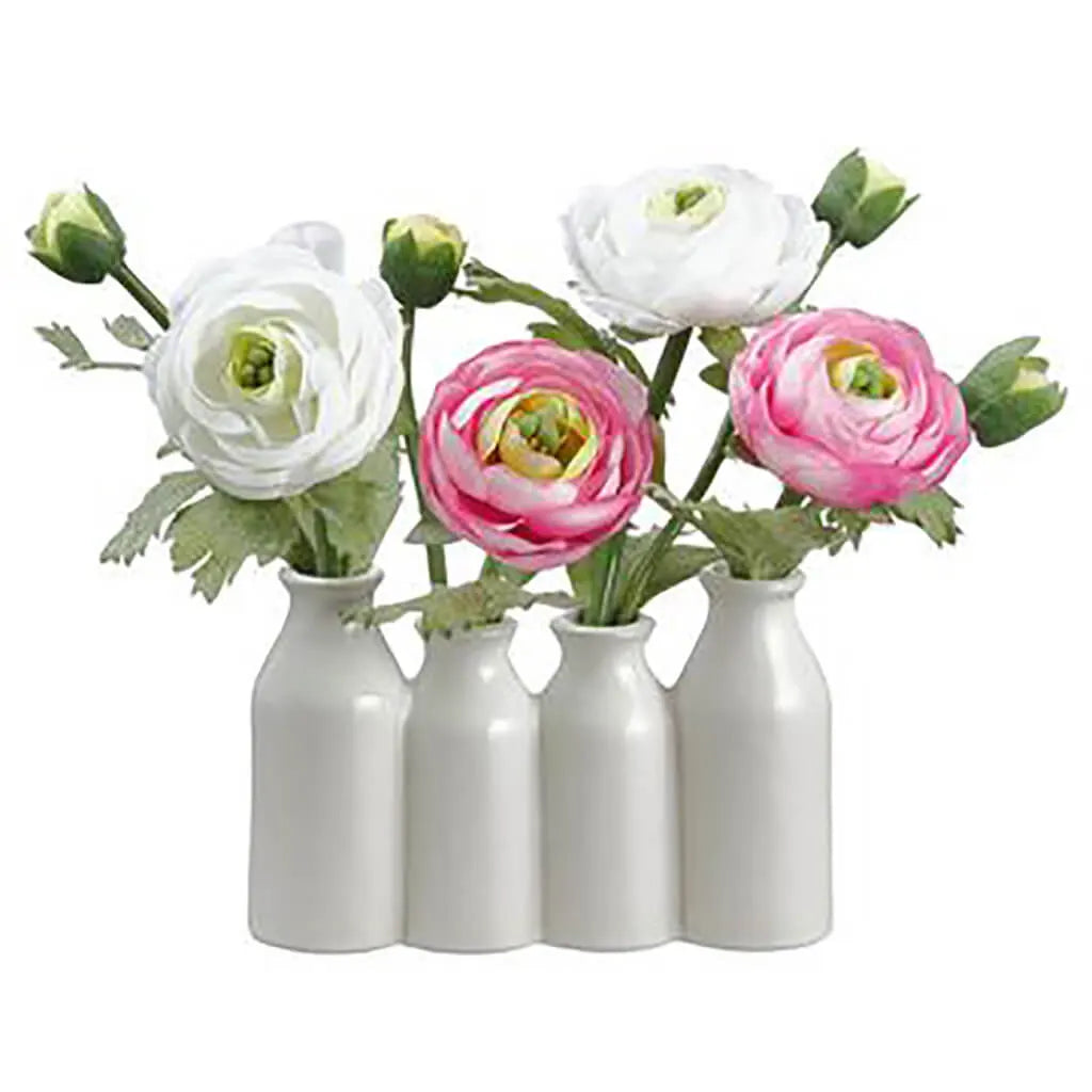 Ranunculus in Ceramic Bottle Vase, 9in, White, Pink