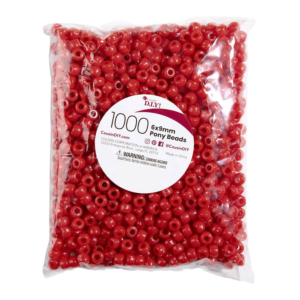 Pony Beads 6mm x 9mm 1,000pkg, Opaque Red
