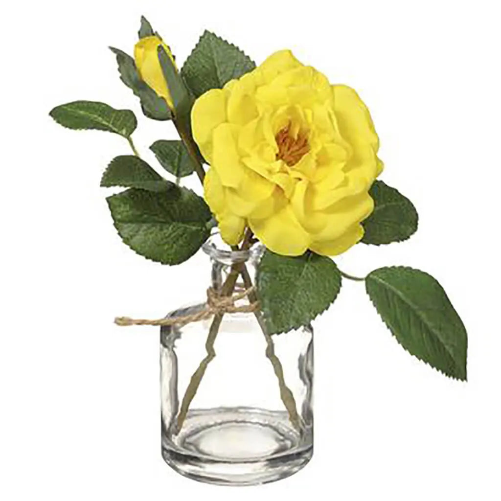 Camellia in Glass Vase, 8in Yellow