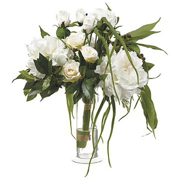Rose / Peony in Glass Vase 18in H x 16in W x 19in L, White, Green
