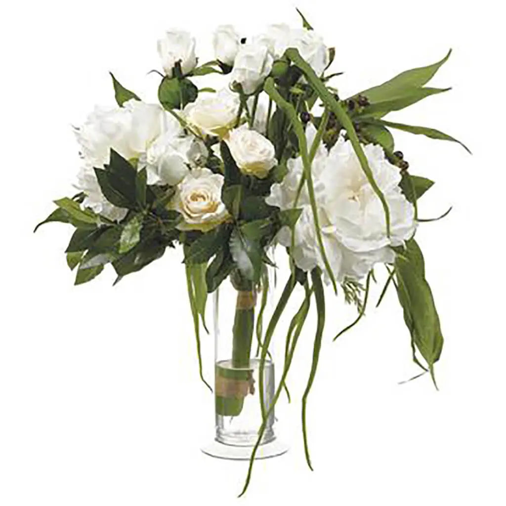 Rose / Peony in Glass Vase 18in H x 16in W x 19in L, White, Green
