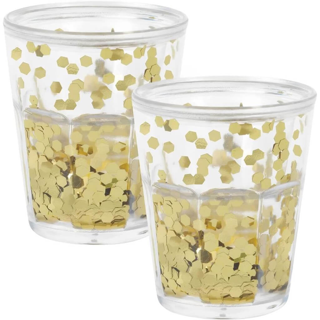 2 Gold Glitter Double Wall Plastic Shot Glasses