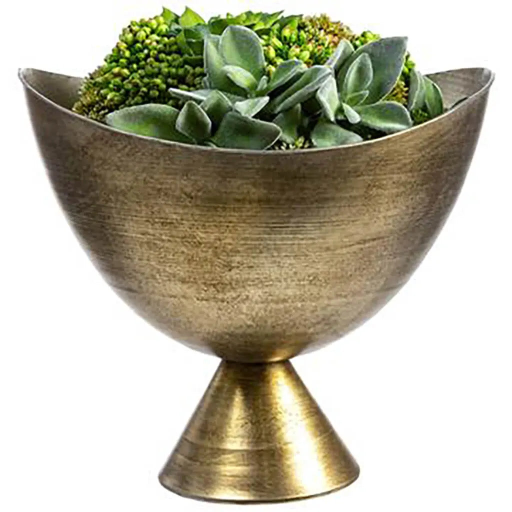 Succulent/Sedum Mix in Footed Metal Vase 12in H x 11in W x 12in L, Green