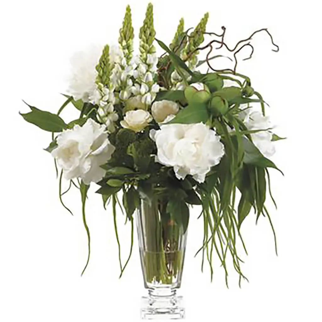 Peony in Glass Vase 30in H x 20in W x 24in L, Cream, Green