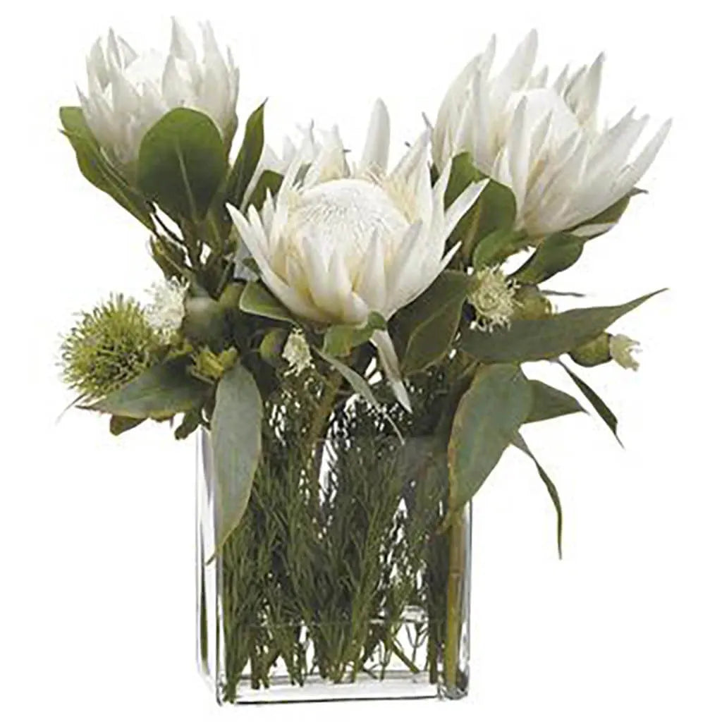 Protea / Rosemary in Glass Vase 21in H x 19in W x 21in L, Cream, Green