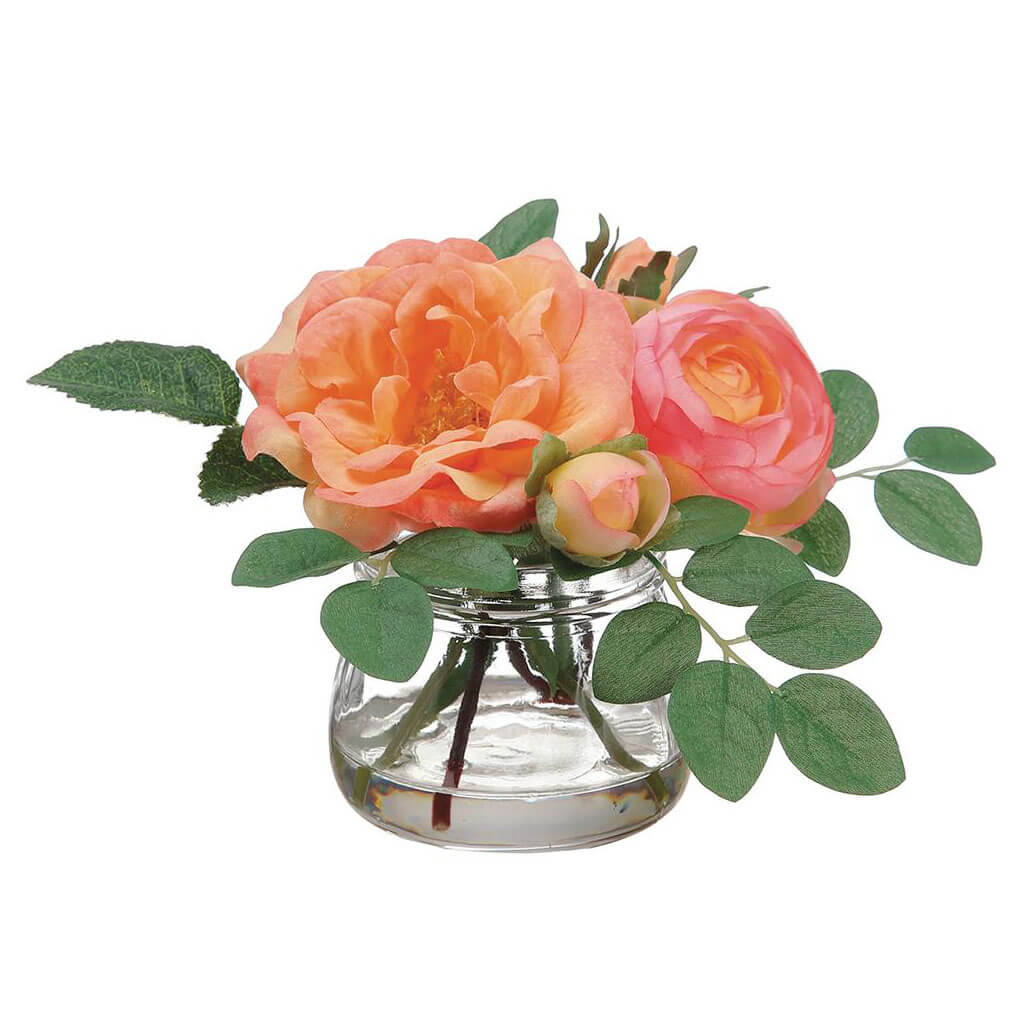 Ranunculus/Rose in Glass�Vase�Coral Peach, 4in