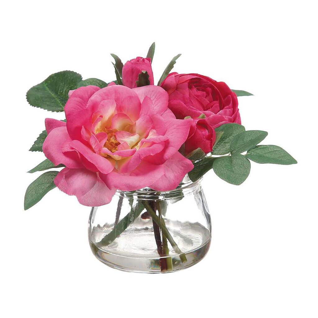 Ranunculus/Rose in Glass Vase Two Tone Fuchsia, 4in