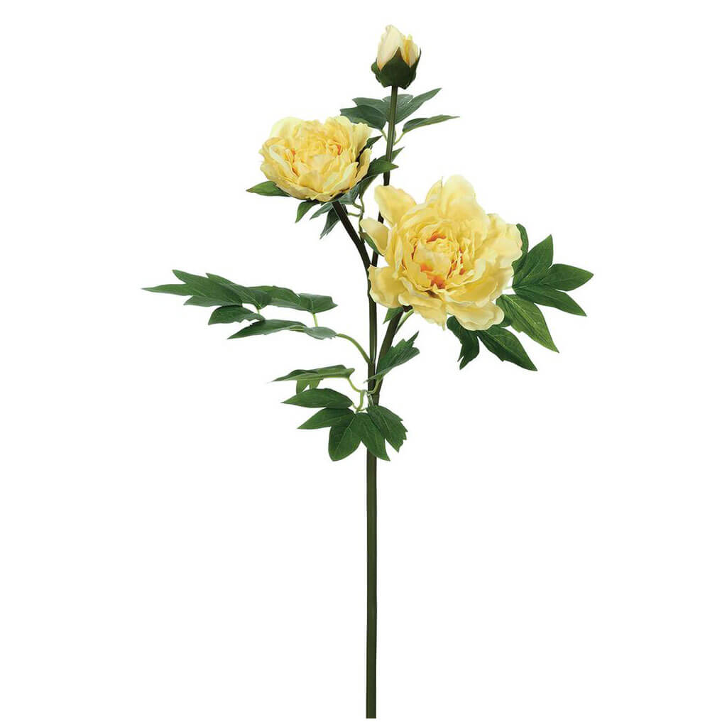 Real Touch Peony Spray With 2 Flowers and 1 Bud Yellow, 26.75in