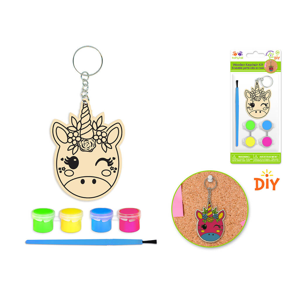 Krafty Kids Kit: DIY Wood Keychain Kit with14 Paint Pots+Brush, Unicorn