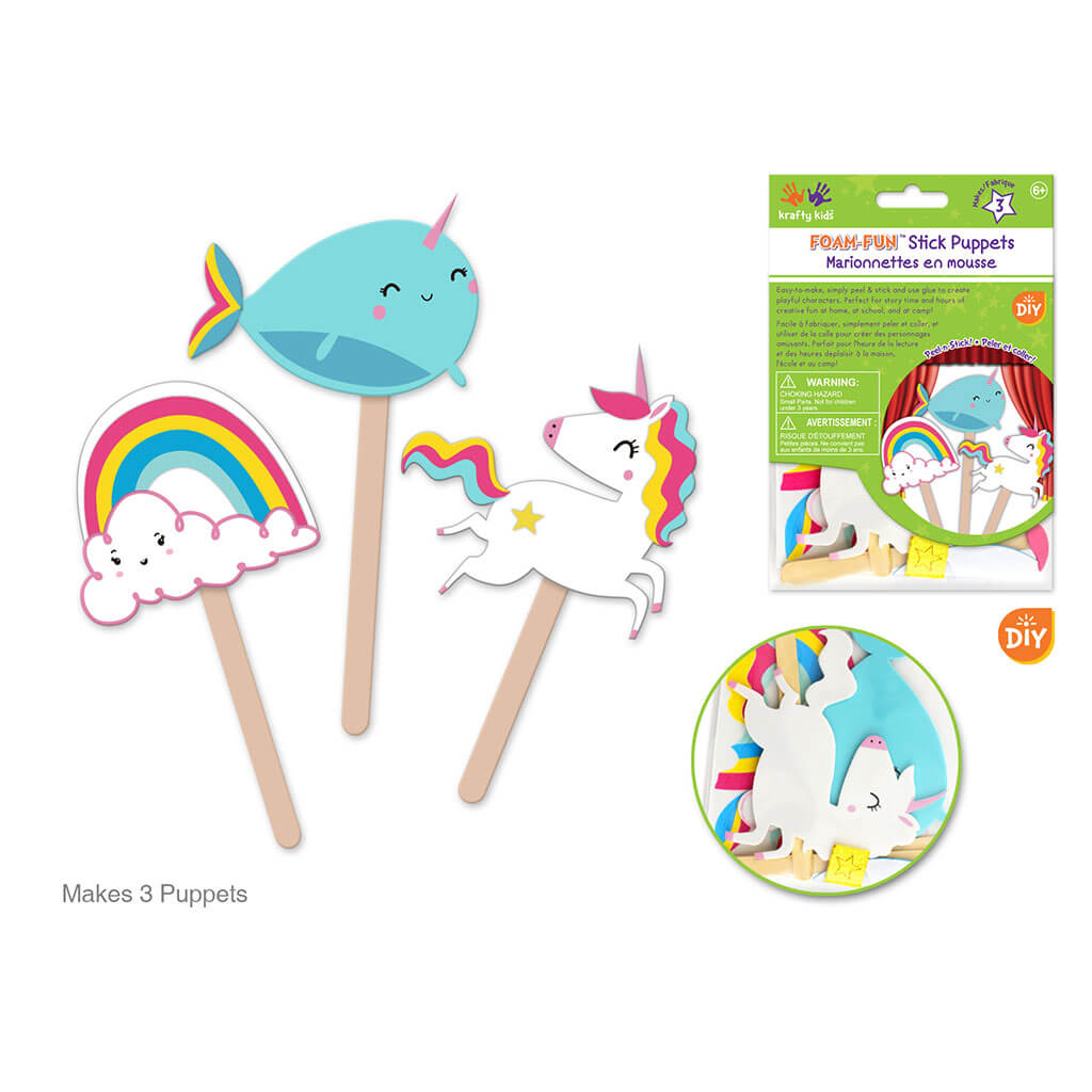 Krafty Kids Kit: DIY Foam Character Stick Puppets x3, Unicorn