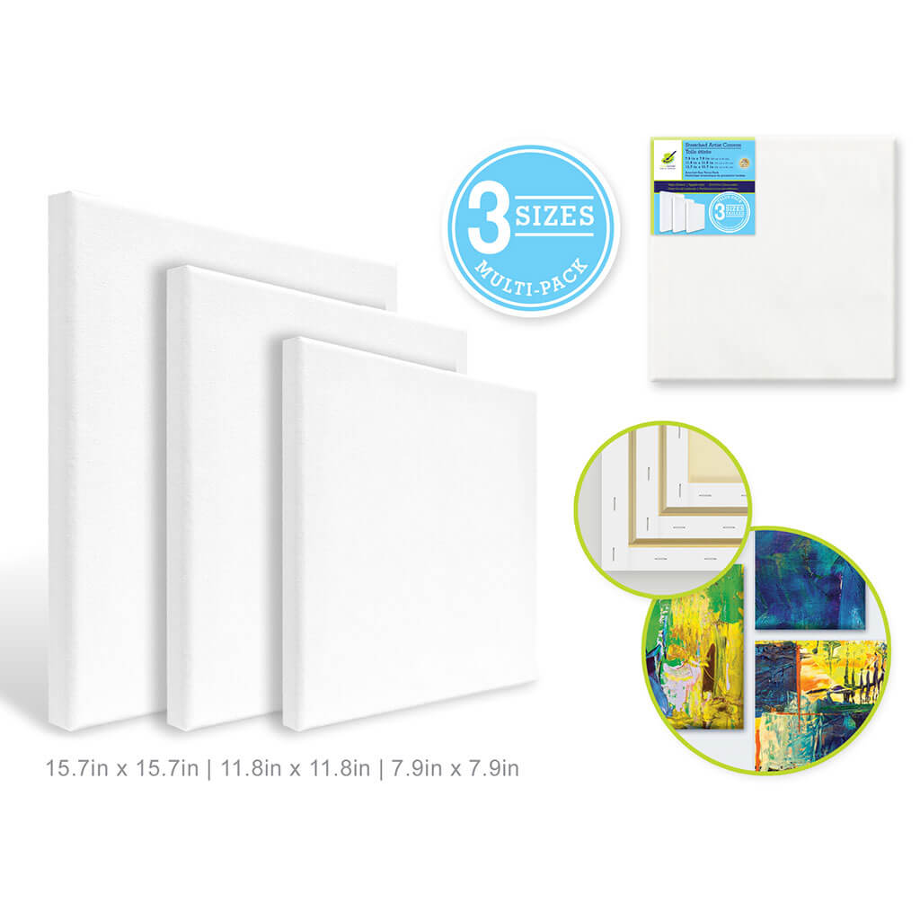 Stretch Artist Canvas: 3-Set Asst Square Primed Back-Stapled