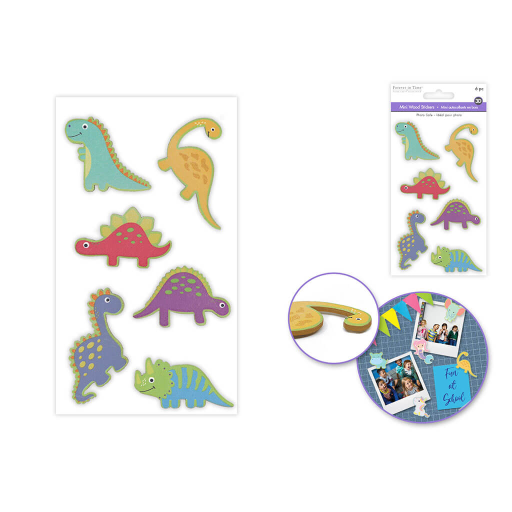 Painted Mini Wood Stickers 1.75in-2in 6pc, Dino