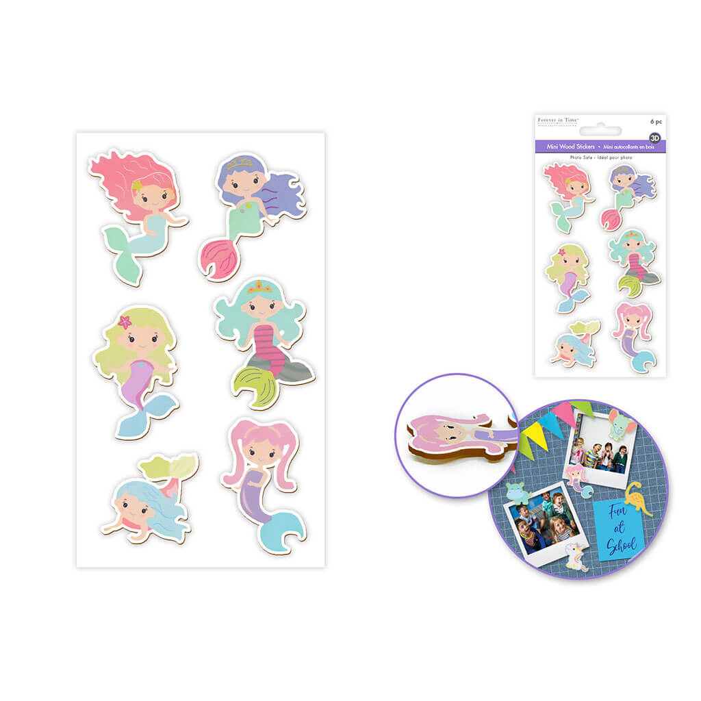 Painted Mini Wood Stickers 1.75in-2in 6pc, Mermaid