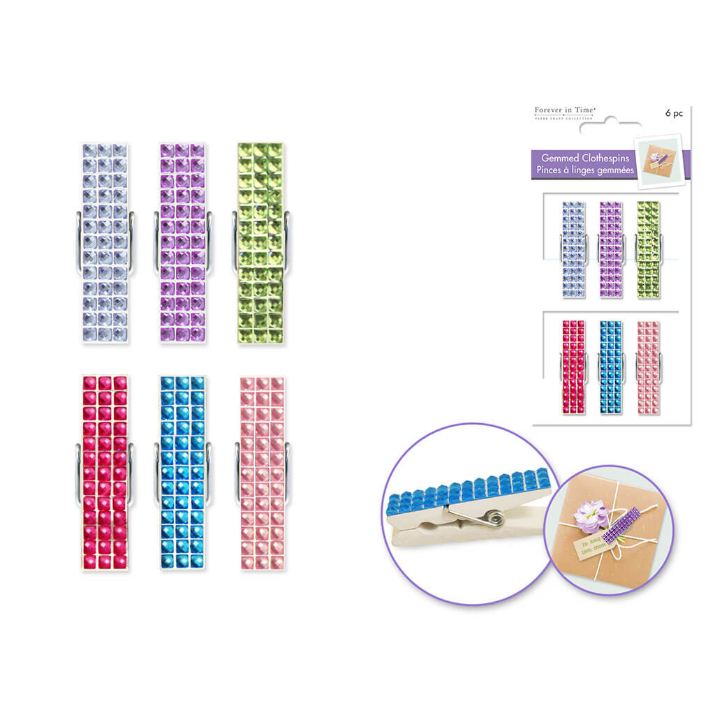 Wood Deco Gemmed Clothespins x6 1.8in, Pastel