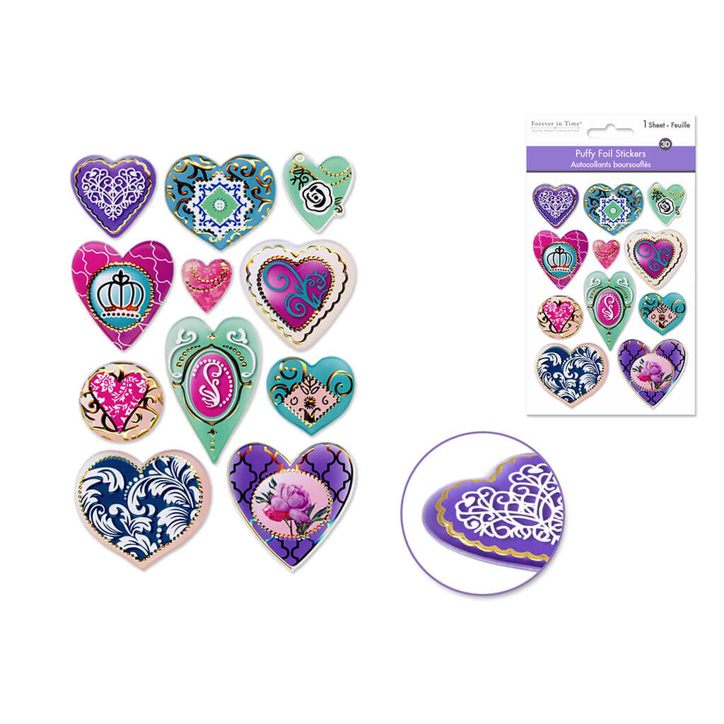 Paper Craft Stickers 4.3in x 6.1in Foil Puffy, Fancy Hearts