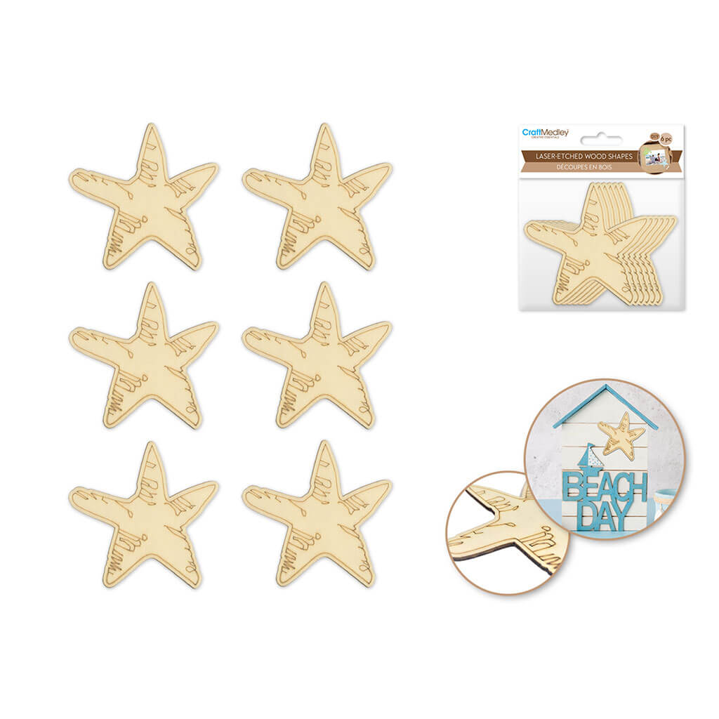 Laser Etched Wood Shapes x6, Star Fish