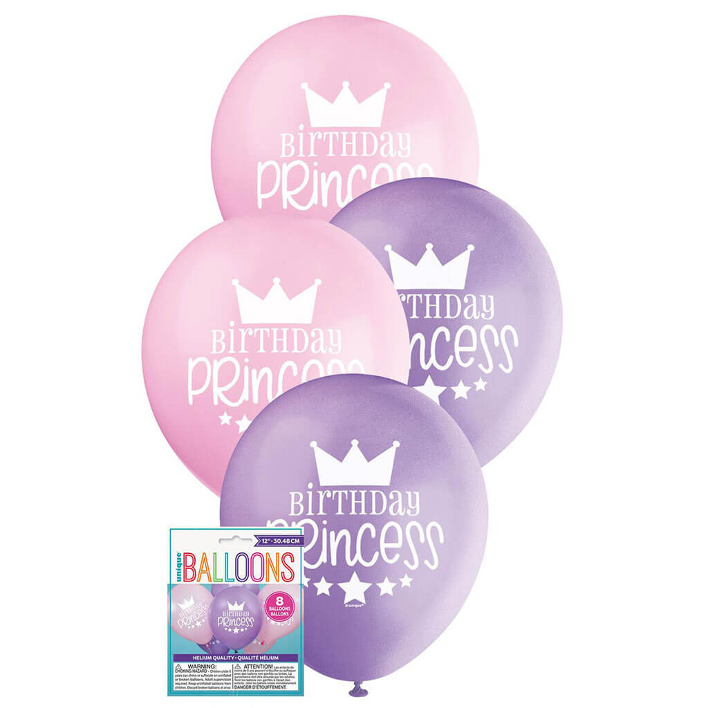 Pink &amp; Purple Birthday Princess Balloons 12in, 8ct