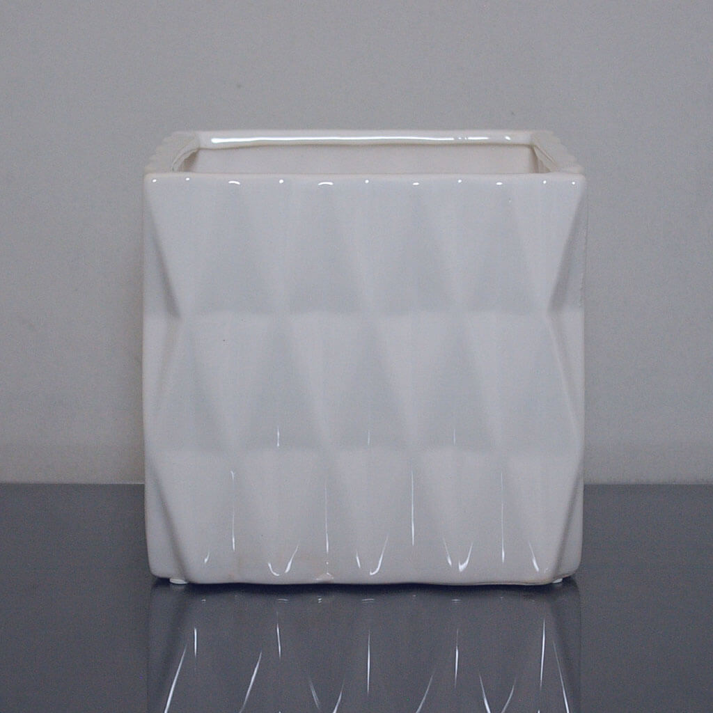 Ceramic Diamond Cube Vase 6in x 6in x 6in, White