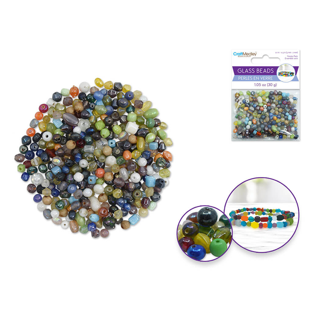 Glass Beads 3mm-7mm Mix-Pack 30gms, Jewel Mix