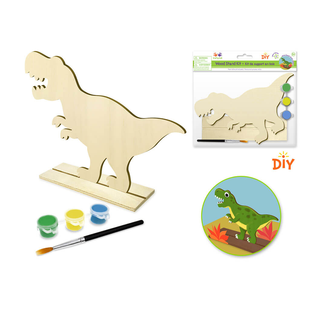 DIY Wood Stand-Up with 3 Paint Pots Brush 7in x 6in, T-Rex