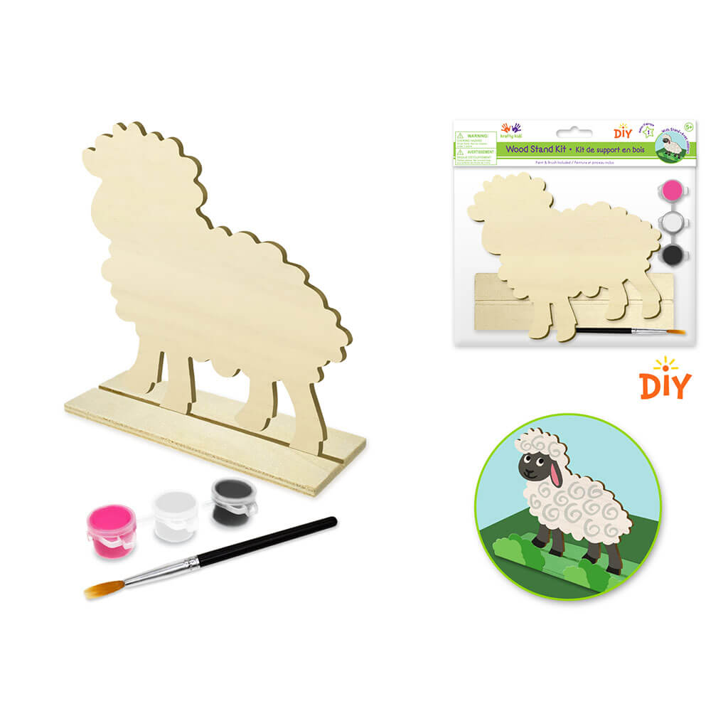 DIY Wood Stand-Up with 3 Paint Pots Brush 7in x 6in, Sheep