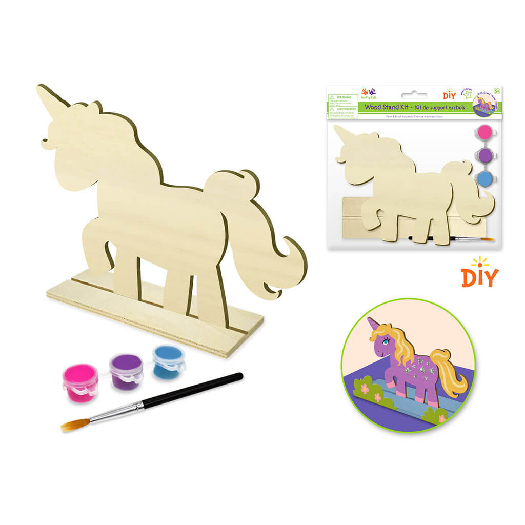 DIY Wood Stand-Up with 3 Paint Pots Brush 7in x 6in, Unicorn