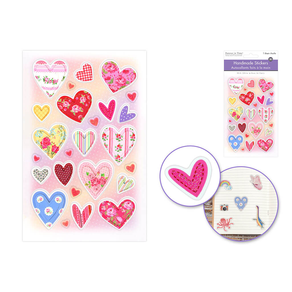 3D Paper with Glitter Sticker 4.3in x 6.7in, Love Hearts